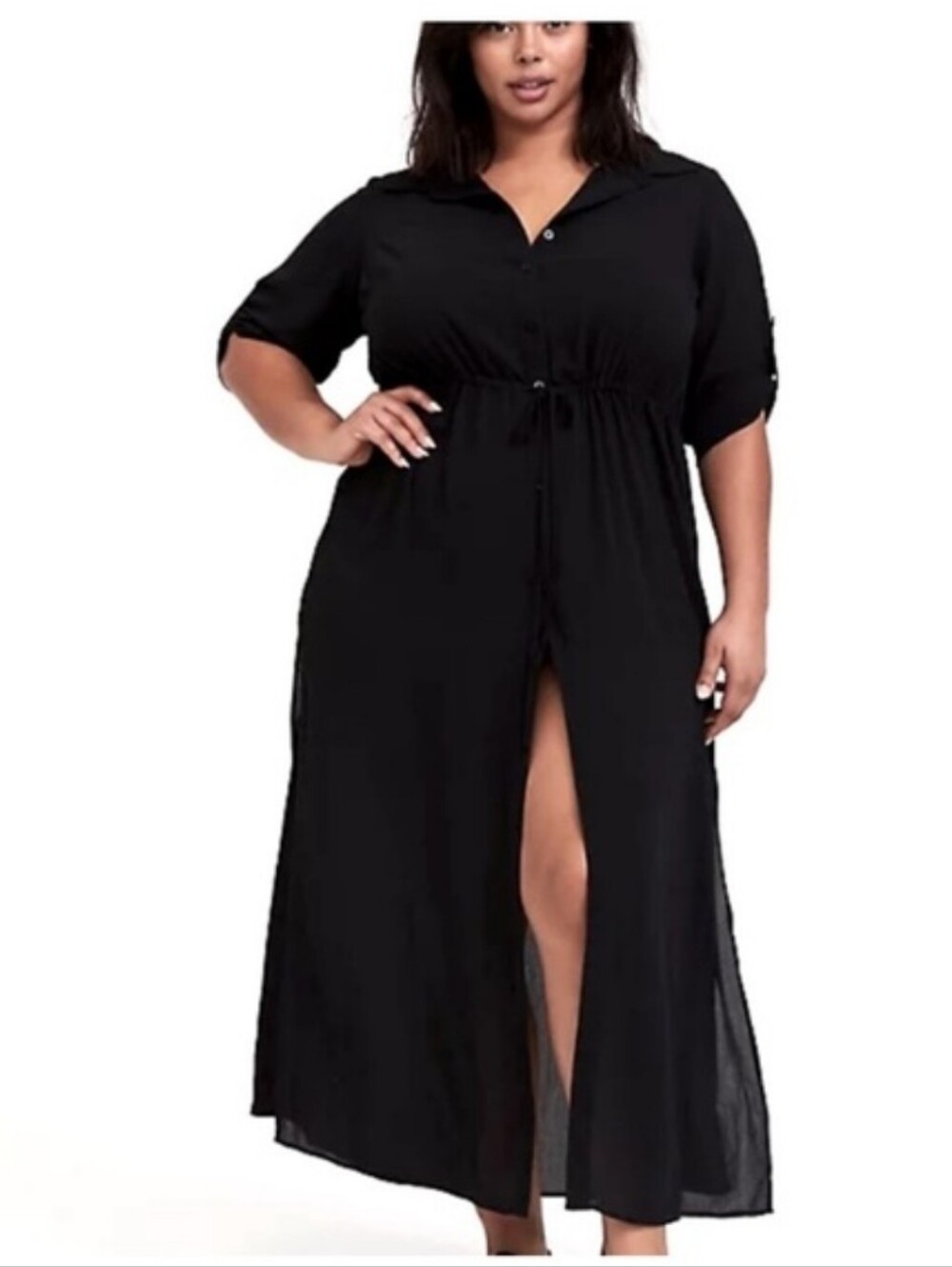 NWT Torrid Black Button-Front Maxi Dress with Drawstring Waist Size 0 Plus